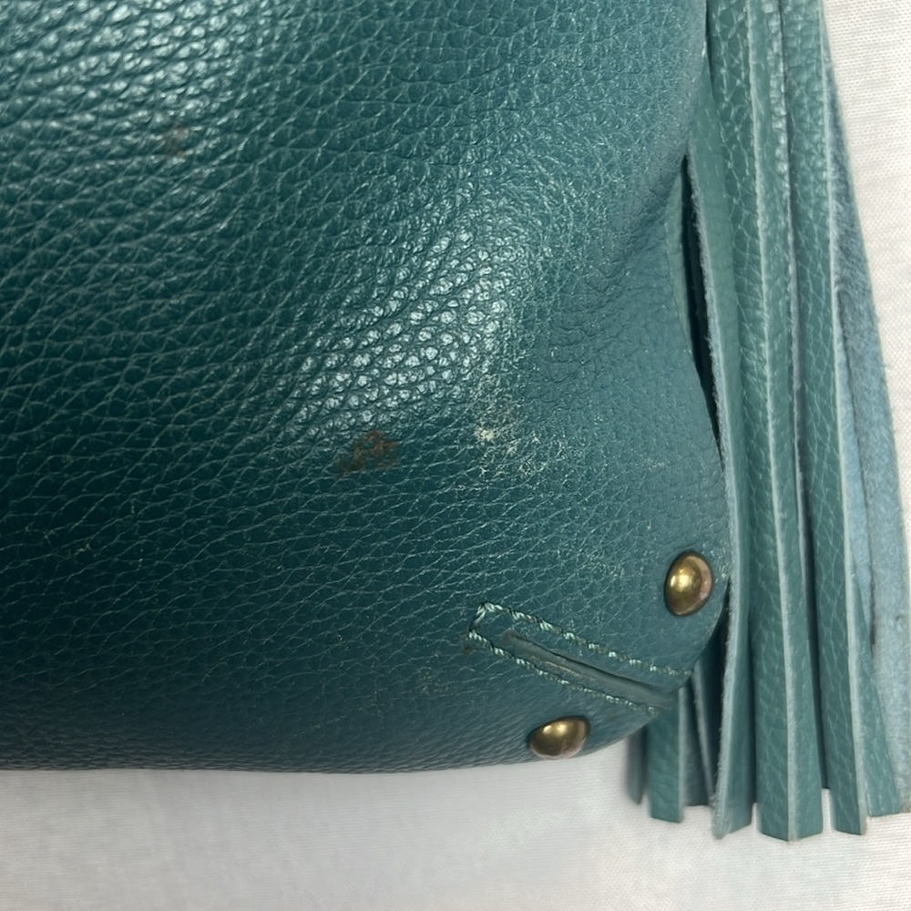 Lucky Brand Teal Leather Foldover Crossbody Hobo Bag Boho Fringe Distressed - Picture 3 of 15